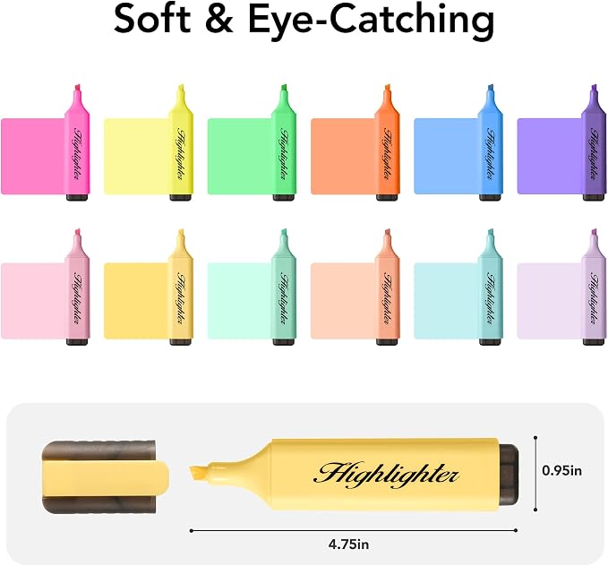 12 Assorted Highlighters, Quick-Dry Chisel Tip Marker Pens | 6 Bright & 6 Soft Pastel Colors | Water-Based for Notes, Journals & Office