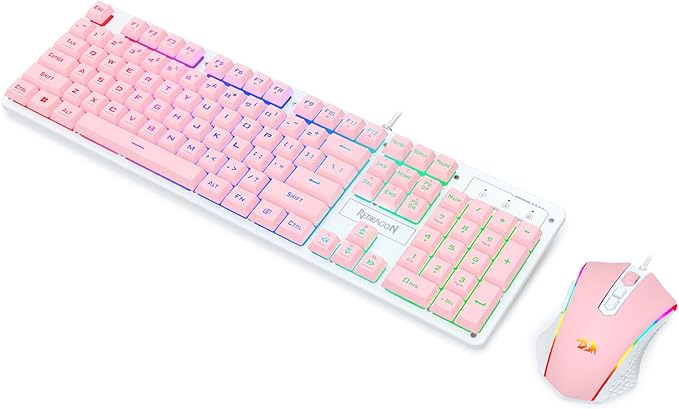 Redragon Updated S107WP Gaming Keyboard and Mouse, RGB Gaming Keyboard and 10000 DPI Mouse Combo with 25-Key Anti-Ghosting, 1K Hz Programmable Mice with Software, Plug & Play to PC, Laptop - Pink