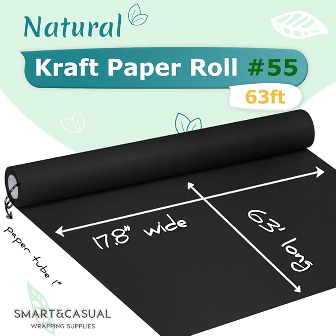 SMART&CASUAL Black Wrapping Paper 17.8" x 760" (63') Kraft Craft Paper Roll for Gift Bulletin Board Bouquet Flower Kids Art Packing Parcel Table Covering 80GSM 55LB (Black, 17.8" x 63')