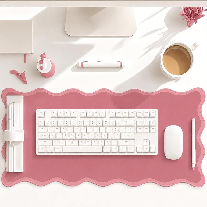 Hahafelt Scalloped Desk Mat Waterproof,Dark Pink,31.5 X 15.8 Inches | Coquette Preppy Style for School Office Makeup Vanity, Nonslip Gaming Desktop Protector with Scalloped Stitched Edge Mat