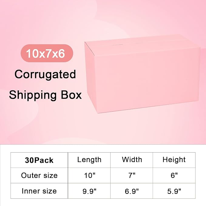 10x7x6 Inch Pink Shipping Boxes Medium, 30 Pack Corrugated Cardboard Box for Small Business, Mailing Boxes for Shipping & Storage