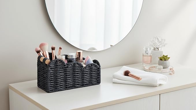 CubesLand Bedside Table Desk Organizer Caddy, Remote Pen&Pencil Holder Cup | Makeup Brush Holder w/Scalloped Perfect for Home, Office Desk, Living Room Table Decor, 3 Slots Black