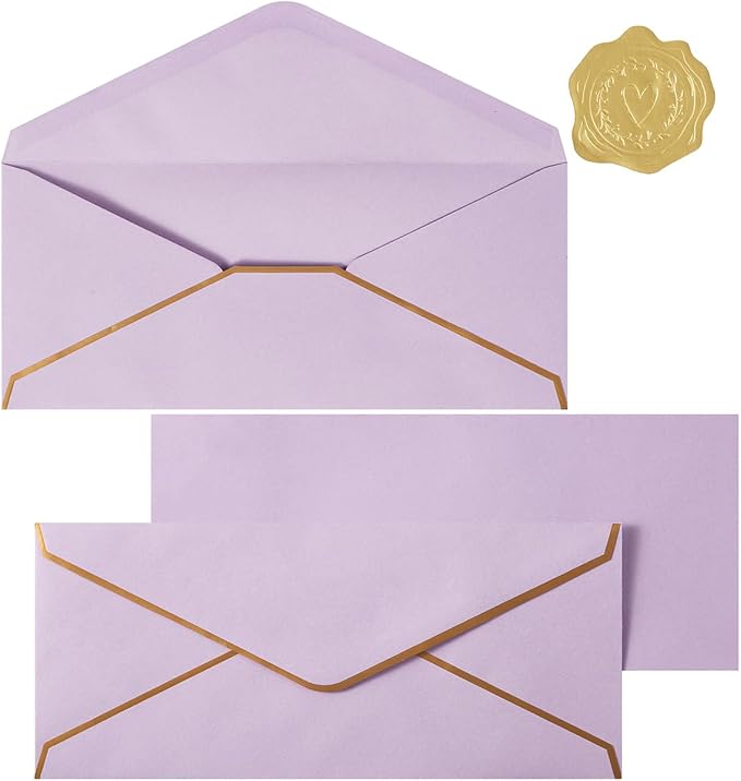 30 Pack #10 Business Envelopes with Stickers, Thick Paper, Light Purple | 4 1/8 x 9 1/2 Inches, Self Seal Standard Envelopes with Gold Border For Letter Mailing, Greeting Cards