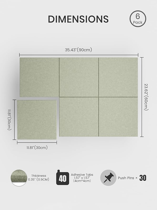Bumusty Large Cork Board 36" x 24" Alternative - 6 Pack Felt Wall Tiles with 40 Safe Removable Adhesive Tabs, 30 Pushpins, Cork Boards for Walls Pin Board Bulletin Board Office Decor (Sage)