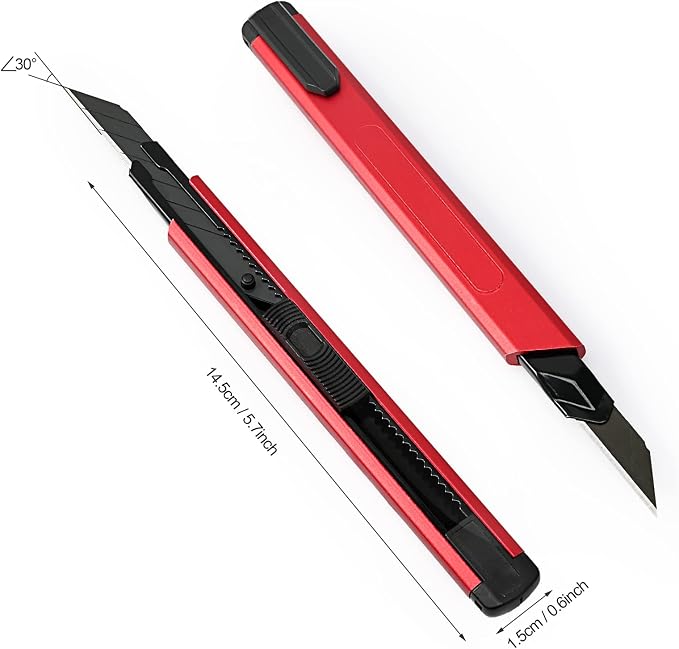 FOSHIO Retractable Utility Knife with 30 Degree Snap Off Blade 9MM, Box Cutter for Carton, Cardboard and Box, Office and Home Use, 3 Pack Red Aluminum Handle Knife with Extra 30 Replacement Blades