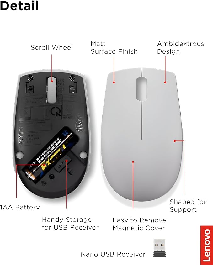 Lenovo 300 Wireless Mouse – Computer Mouse for PC, Laptop with Windows – Ambidextrous Design – 2.4 GHz Nano USB Receiver – 12 Month Battery Life