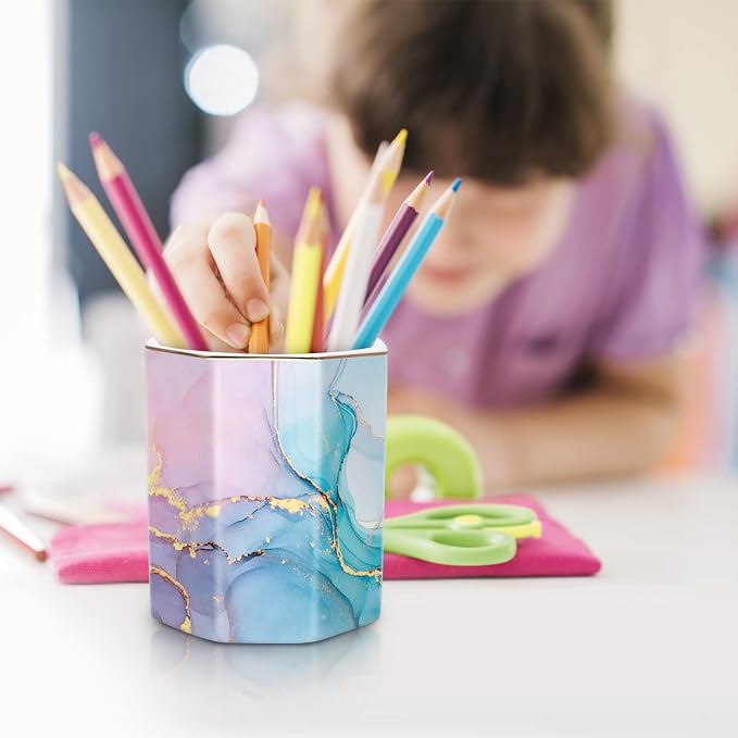 Ceramic Marble Pen Holder, Cute Stationery Holder for Office, Makeup Brush Holder for Girl Women, Colorful Green
