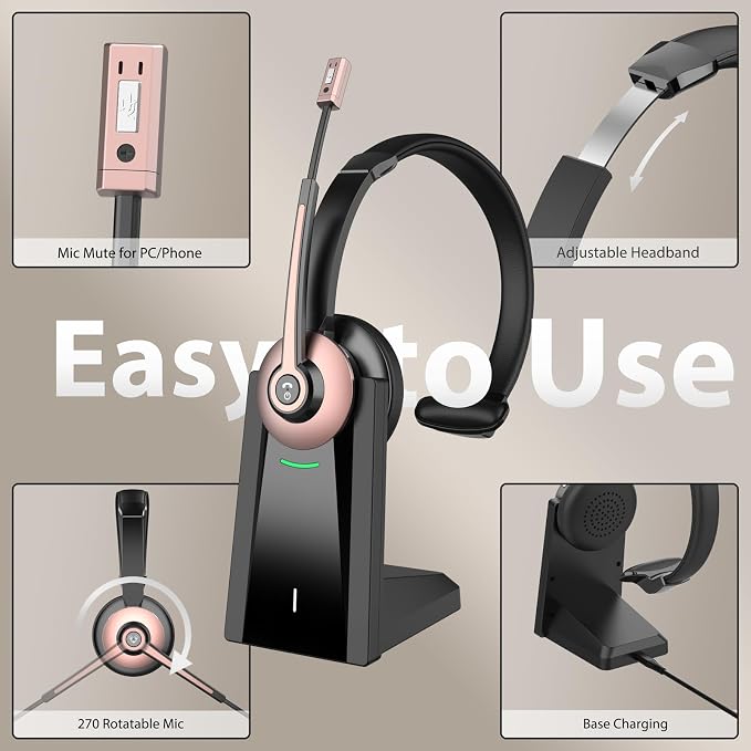 Bluetooth Headset, Wireless Headset with Noise Cancelling Microphone & Mute Function for Work, On Ear Wireless Headphones with USB Dongle & Charging Base for Work from Home Computer Office Call Center
