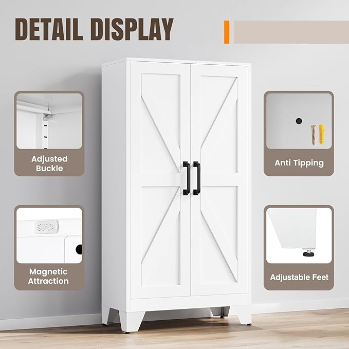 Yizosh Metal Storage Cabinet with 2 Doors and 3 Adjustable Shelves - 47" White Kitchen Pantry Storage Cabinet Locker for Kitchen,Living Room,Dining Room