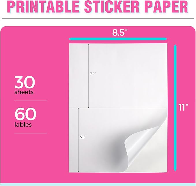 60 Shipping Labels 2 Per Sheet 8.5" x 5.5" Matte Half Sheet Labels Self Adhesive White Shipping Label Paper