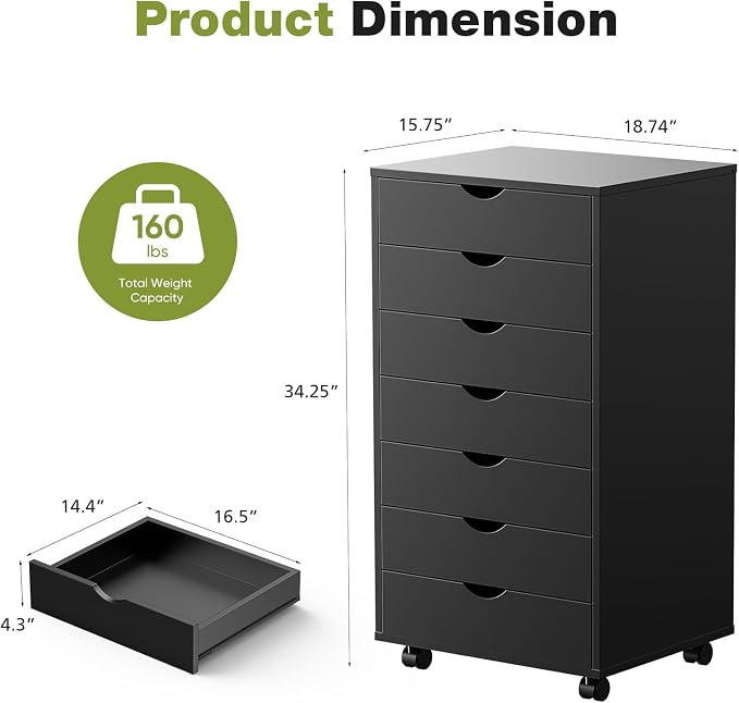 Sweetcrispy 7 Drawer Wooden Dresser, Storage Cabinets, Room Organization | Mobile Rolling Wheels, Vertical Organizer Chest, Home Office Bedroom Furniture, Black Wood
