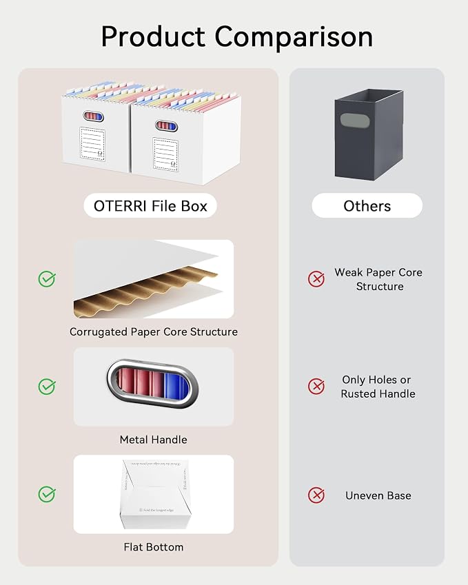Portable Collapsible Cardboard File Box with Handle for Letter-Size | 2-Pack. Stainless Steel Handle. Label Stickers Included. Fits Letter Folders (Not Included). Home, Office, School, Dorm, Tax.