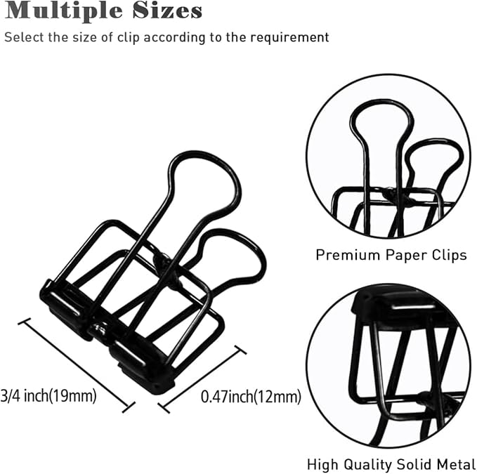 Small Binder Clips, 36 Pack, 3/4 Inch, Standard 19mm, Hollow Out Black, Capacity 0.31 Inch, Fold Clamp, Wire Clip, Paper Clips, Office Clips, School & Home Use