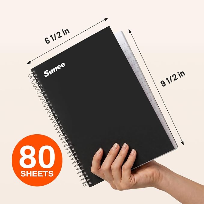 SUNEE Spiral Notebook, 2-Subject, College Ruled Paper, 6" x 9-1/2", 80 Sheets, Spiral Notebooks for School, Black
