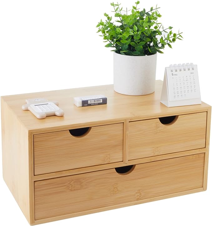 Bamboo Desk Organizer With Drawers Countertop Drawers Counter Storage Box Corner Desk Organizer for Home Office No Assembly Required (3 Drawers)