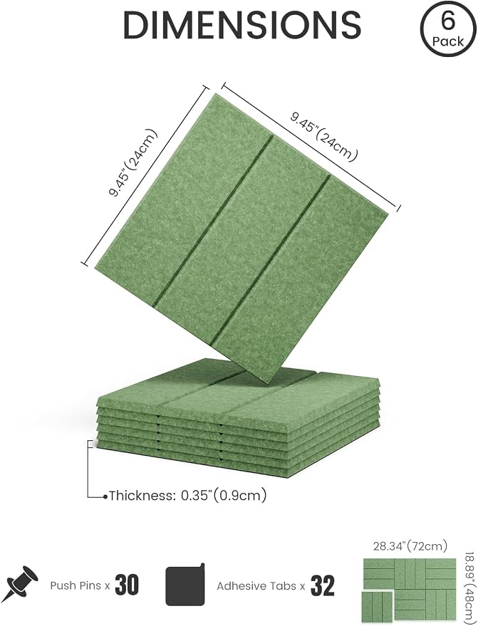 28" x 18" Felt Bulletin Board Tiles, Bold Stripe, Moss Green | 6-Pack Cork Board Alternative, 30 Adhesive Tabs, Push Pin Board, Wall Decor, Office, Home, Classroom, Dorm