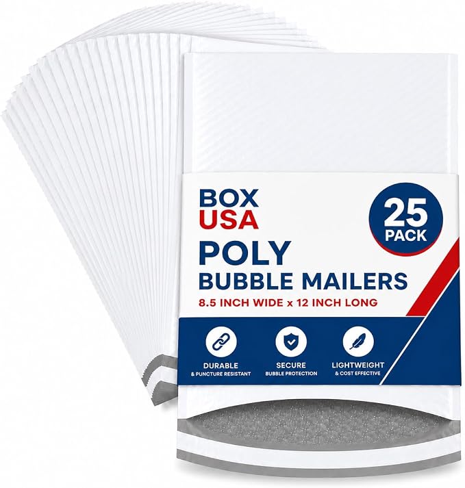 BOX USA White Poly Bag Mailer Bubble Lined, 8.5"L x 12"W, Pack of 25 | Self-Sealing Durable Plastic Envelope for Secure Shipping, Packaging, & Storage, Ideal for Personal & Small Businesses, 8.5x12