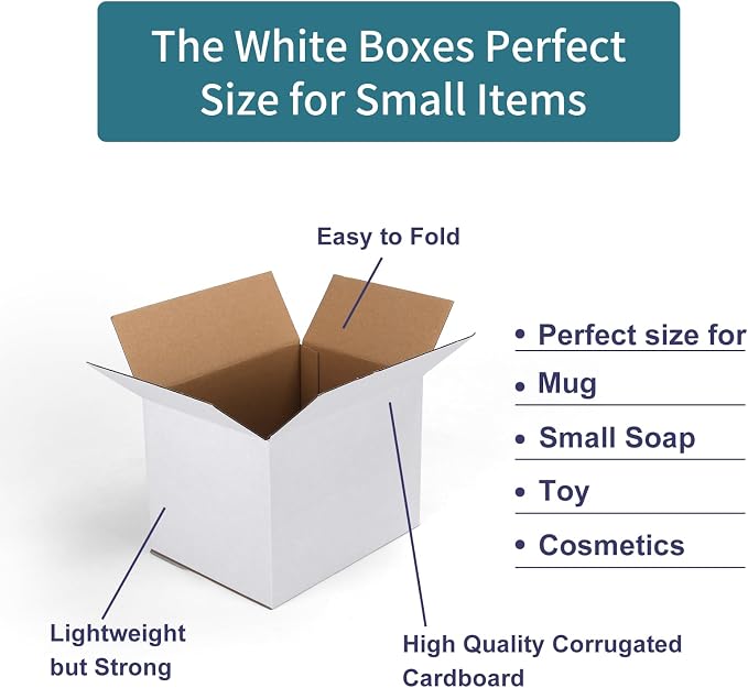 Small Shipping Boxes 8x6x6 Set of 6 | White Corrugated Cardboard, Box for Packaging Small Business Mailing Moving Gifts Wrap, Easy Assemble
