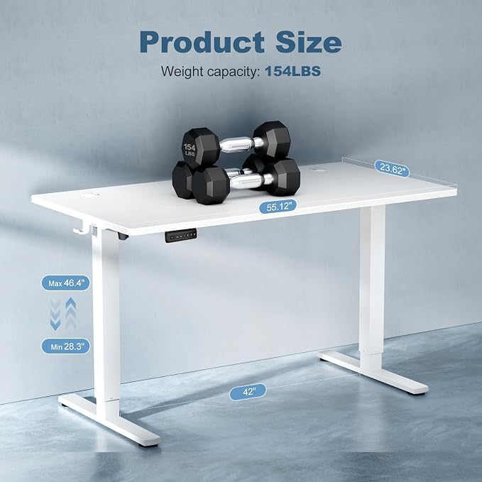 DUMOS 55 Inch Electric Standing Desk, Memory Adjustable Home Office Desk | Sit Stand Up Desk for Work Home Office,Adjustable Desk, Rising Computer Table with Splice Board,Cable Management,Hook,White