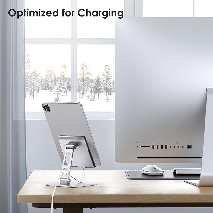 OMOTON T5 Upgraded Adjustable Tablet Stand for iPad Holder, Heavy Duty Portable Monitor Stand, Travel Essentials for iPad Pro/Air/Mini, Surface Pro 4.7''-13'', Silver