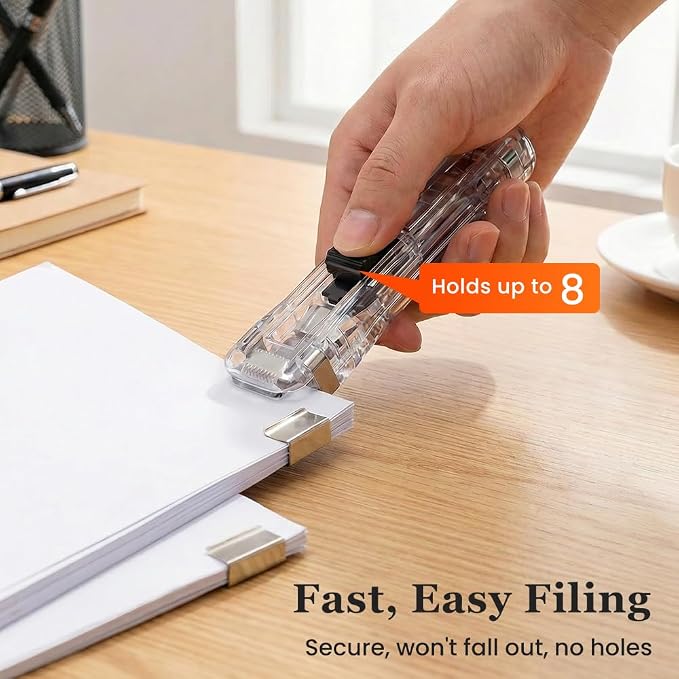 Portable Binder Clip Stapler, 2026 New Portable Office Tool, Durable Desk Organizer for Study Room, 100 Metal Refill Clips (50 Silver + 50 Color) for Home (2, Blue)