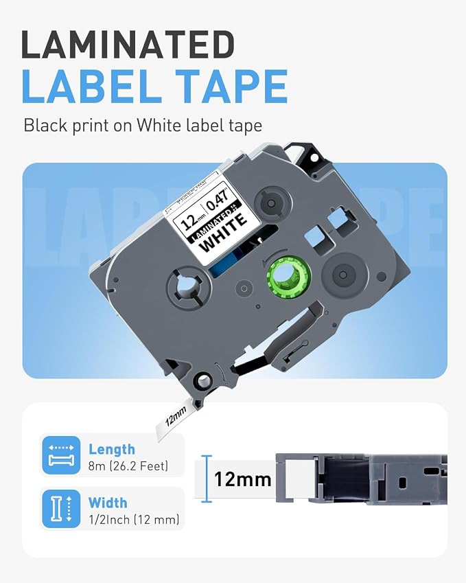 6-Pack TZe-231 TZ-231 TZe231 Tape 12mm 0.47 Laminated White Tape | Compatible for Brother P Touch Label Maker Tape 12mm 0.47 Refills for Ptouch PTD220 PT-D210 D220 1280 P300BT, 1/2" x 26.2'