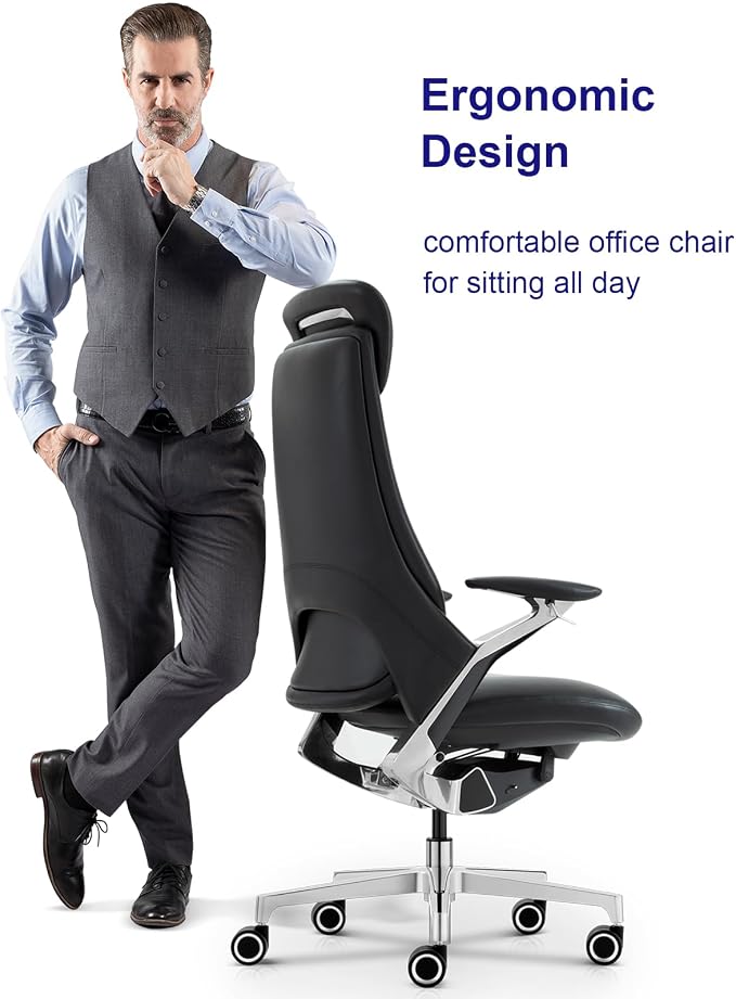 Genuine Leather Executive Office Chair，Top-Grain Cowhide, Ergonomic Design | Adjustable seat and headrest heights, 3-position recline (lockable)—suitable for home offices and high-end office settings.