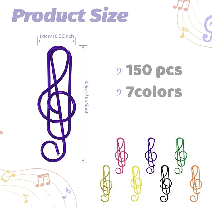 SUMAJU 150 Pcs Music Paper Clips, Music Teacher Gifts | Vinyl-Coated Metal, Rust Resistant, 7 Colors, Note Shape, Strong Grip, Storage Box, For Sheet Music, Books, Office