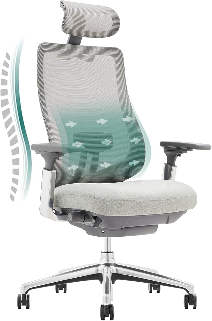 COLAMY Ergonomic Mesh Office Chair, High Back Computer Executive Desk Chair with Adjustable Headrest and 4D Arms, Slide Seat, Tilt Lock-Light Grey