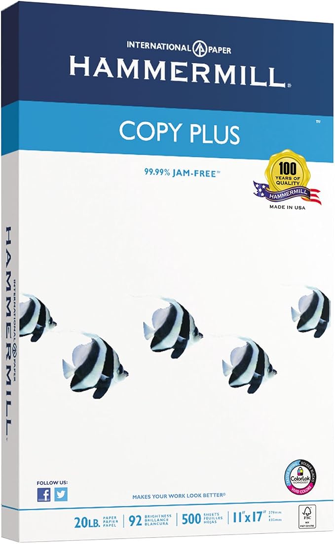 Hammermill 105023 Copy Plus Copy Paper, 92 Brightness, 20lb, 11 x 17, White, 500 Sheets/Ream