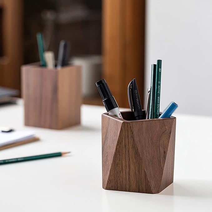 Black Walnut Wooden Pencil Box, Multiple-Use Desk Writing Stationary Organizer Wood Pen Holder Cups Office School Supplies Storage (Square Shape)