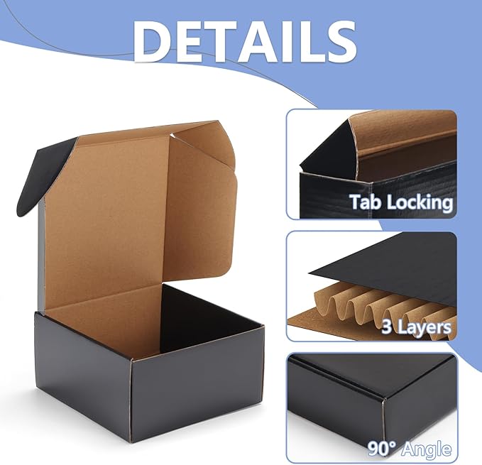 EXYGLO 6 Pack 8x8x4 Shipping Boxes, Black Corrugated Cardboard Boxes for Packaging Small Business, Moving, Shipping, Mailing, and Storing