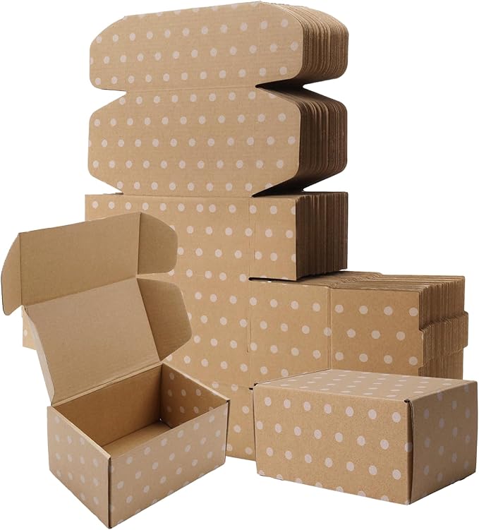 BIOBROWN 6x4x3" 50 Pack Corrugated Cardboard Boxes Small Shipping Box for Packaging Small Business Mailer Mailing Kraft Dots