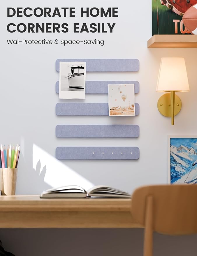 Fluxynara Cork Board Alternative Felt Strip Board 5-Pack 13"x2", Office Pin Board with 35 Push Pins, Adhesive Install for Bedroom Door & Home Office(Soft Periwinkle)