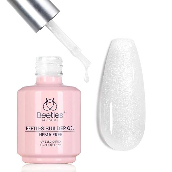Beetles Builder Gel for Nails HEMA-Free,0.5 oz 8 in 1 White Glitter Builder Nail Gel,for Thickening Apex Building Strengthener Extension, LED UV Lamp Galaxy Whispers Color DIY Salon for Begginer