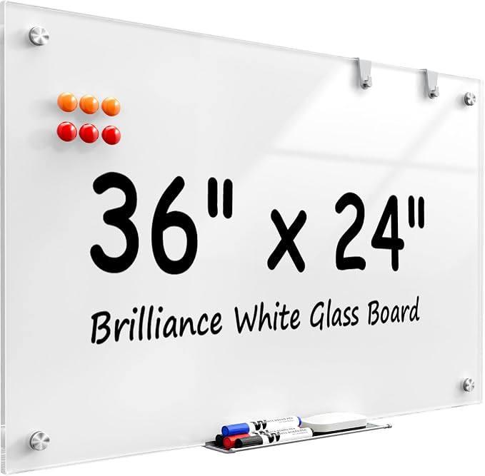 MaxGear 36" x 24" Glass Whiteboard Wall Mounted for Office Home Classroom | Magnetic Glass Dry Erase Board, Tempered Glass, Steel Backed, Non-Porous Surface, Frameless Design, Hardware Included