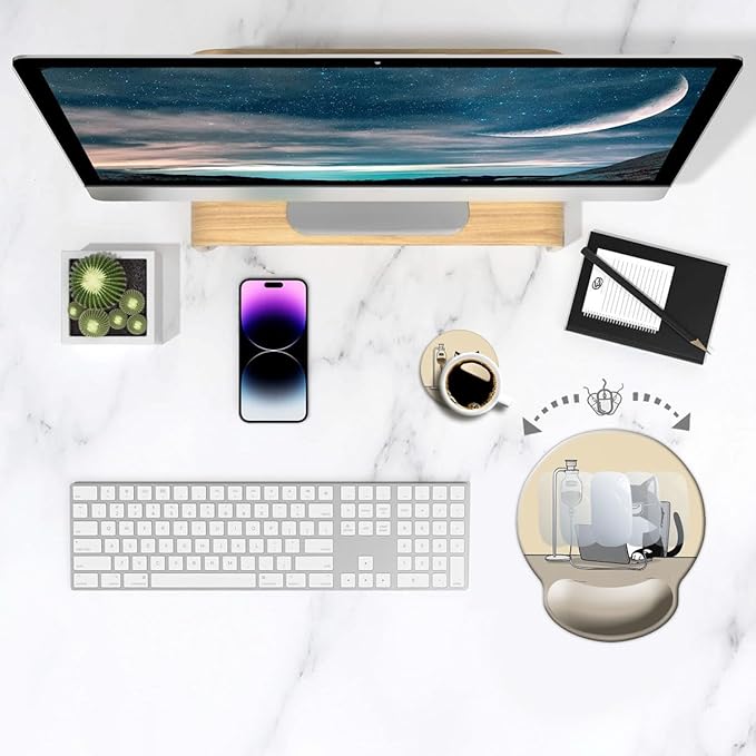 Ergonomic Mouse Pad with Wrist Support,Mouse Pad with Wrist Rest,Relieve Wrist Pain Mousepad Non-Slip Rubber Base,Mouse Pads for Desk,Computers,Laptop,Office,Home,Accessories Cute Coffee Cat