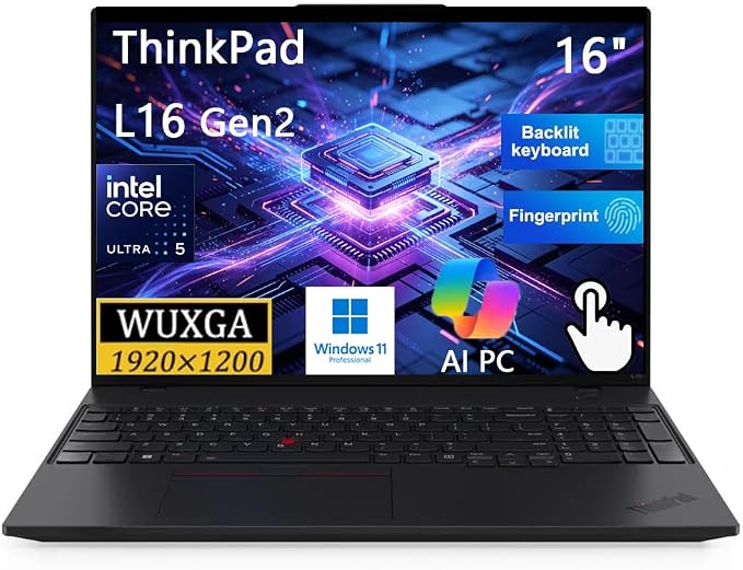 Lenovo ThinkPad L16 Gen2 16" FHD+ Business AI Laptop, Intel Ultra 5 225U | Lenovo 16in Touchscreen Business Notebook, 64GB DDR5, 4TB SSD, Windows 11 Pro, Fingerprint, Backlit, RJ-45 Ethernet, Black