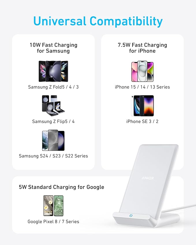 Anker 313 Wireless Charger (Stand), Qi-Certified for iPhone 17/17 Pro/17 Pro Max/16/15/14/13, 10W Fast-Charging Galaxy S23 S22 S21(No AC Adapter)