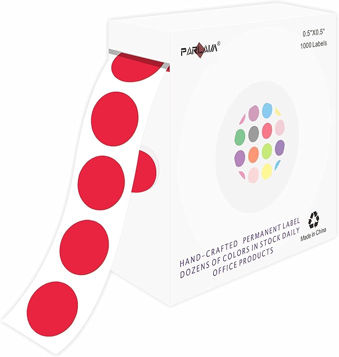 PARLAIM 1/2" Round Color Coding Labels, 1000 Circle Dot Stickers in Plastic Dispenser Box, 0.5 inch Diameter, Red