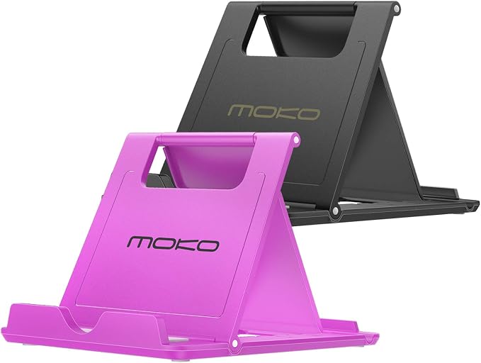 MoKo 2 Pack Cell Phone Stand for Desk, Tablet Stand for 4"-11" Devices | Ultra-light, compact foldable design, fits iPhone, iPad, Galaxy & e-readers, 6 adjustable angles, portrait/landscape viewing