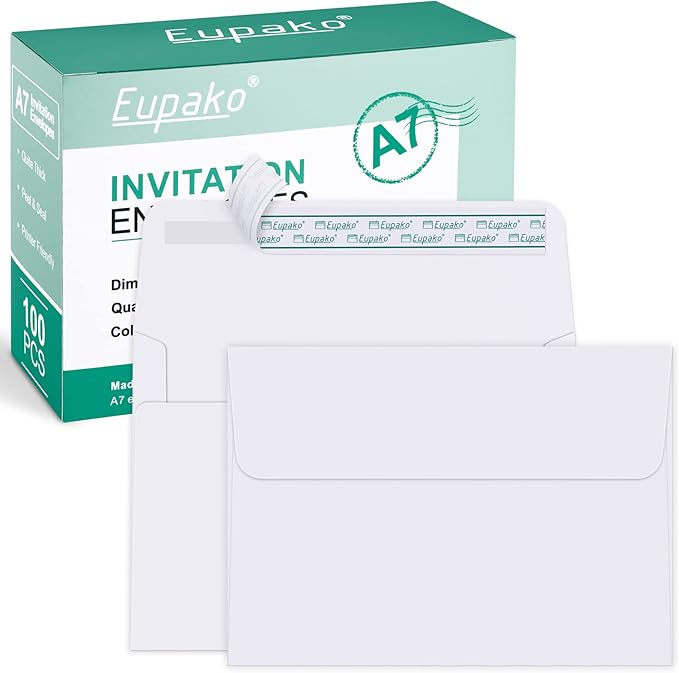 Eupako 5x7 Envelopes Self Seal 100 Pack, White A7 Envelopes, Kraft Paper Envelope for 5x7 Cards, Photos, Invitations, Wedding, Graduation, Baby Shower, 5.25 x 7.25 Inches