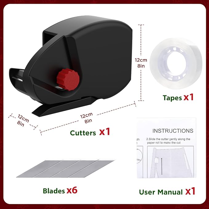 1-Pack Wrapping Paper Cutter and Tape Dispenser with 1 Tapes & 6 Blades - Fast & Safe Straight Line Cutting Tool for Gift Wrapping, Fits All Wrapping Paper Rolls (Black)