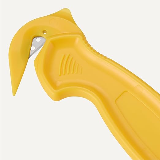 Amazon Basics Film Safety Cutter, Concealed Stainless Steel Blade with Tape Splitter for Boxes, Packages, Shrink Wrap, Yellow, 1-Pack