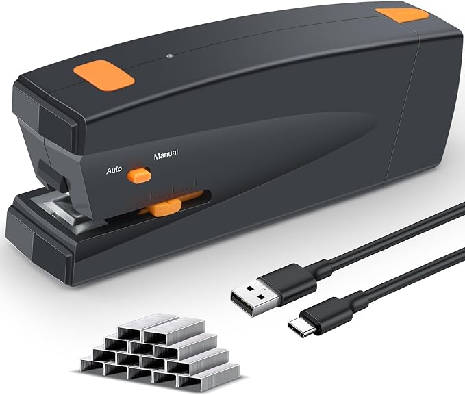 Rechargeable Electric Stapler, 25 Sheet Capacity, Quiet Operation, Jam-Free and Easy Reload, Includes 1000 Staples, Black