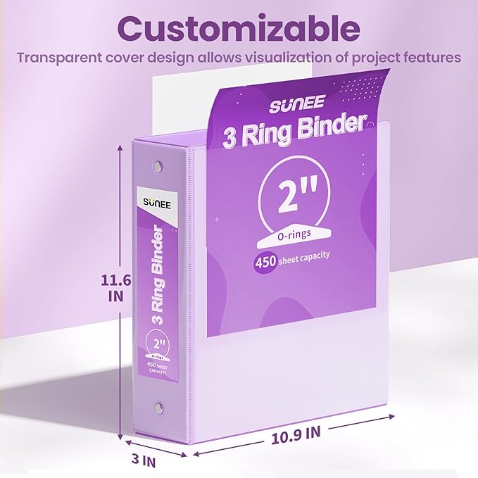 SUNEE 3 Ring Binder 2 Inch 2 Pack, Clear View Binder Three Ring PVC-Free (Fit 8.5x11 Inches) for School or Office Supplies, Purple