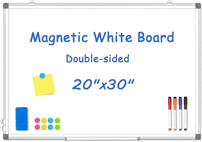 Double-Sided White Board 30x20 Dry Erase Magnetic for Wall | Magnetic Whiteboard, Double-Sided, Smooth Writing Easy Clean, Aluminum Frame, Home Office School, Complete Kit