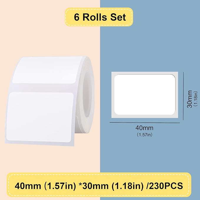 Thermal Labels Maker Tapes for B21/B3S/B1 Printer 1.57" X 1.18" (40 X 30mm) | 230 Labels/Roll,Multi-Purpose Adhesive Labels Sticker Paper for Home Office Small Business Address School,6 Rolls White