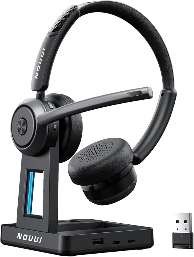 Wireless Headset with Mic for Work, Wireless Headphones with Mic(Noise Cancelling & Mute Button),65H Battery with Charge Base Bluetooth Headset with Microphone for PC/Call Center/Computer/Zooms/Teams