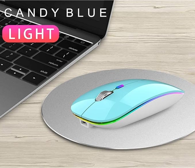 Uiosmuph LED Wireless Mouse, G12 Slim Rechargeable Silent Mouse, 2.4G Portable USB Optical Wireless Computer Mice with USB Receiver and Type C Adapter (Blue)